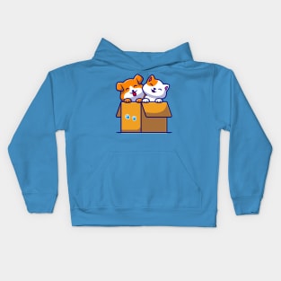 Cute Dog And Cute Cat Playing In Box Cartoon Kids Hoodie